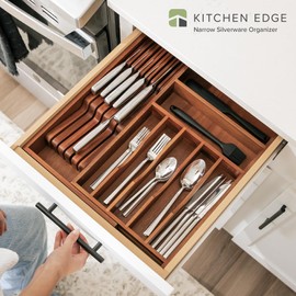 KitchenEdge Premium Silverware, Flatware and Utensil Organizer for Kitchen Drawers, Food-Safe Contract Grade, Expandable from 10.5 to 19 In, Natural Acacia