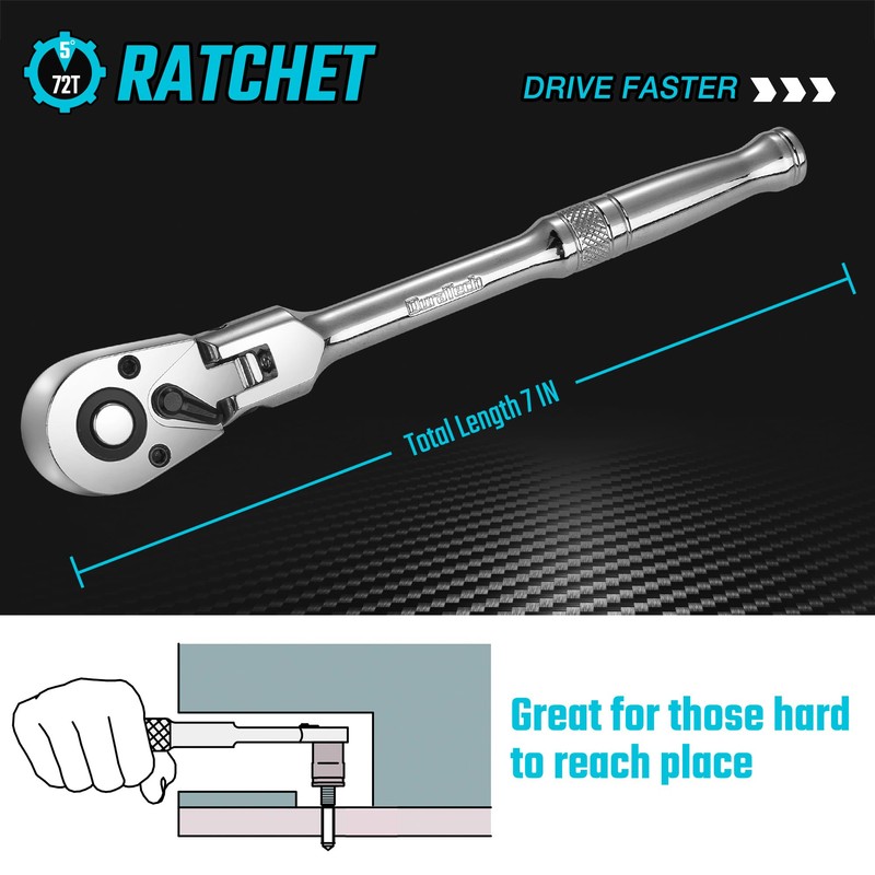 DURATECH 1/4" Drive Flex-Head Ratchet, 72-Tooth Ratchet Wrench, Quick-release, Reversible