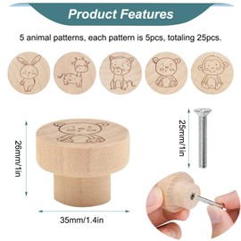 JReHuiG Pack of 25 Wooden Furniture Knobs, Animal Prints Cabinet Handles, Round 25 x 35 mm Wooden Handle, Wooden Knob for Cabinet, Dresser, Living Room, Drawers, Cupboard, Kitchen (25)