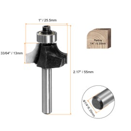sourcing map Roundover Router Bit 1/4 Shank 1/4" Radius Carbide Tipped Edge Rounding Over Bit with Bearing Guide, Woodworking Milling Tool