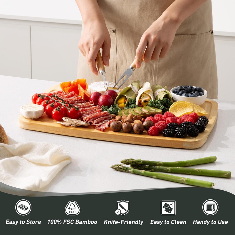 Bamboo Cutting Board Set Non Slip Feet with Holder Over
