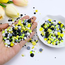 Briskbloom 3620PCS Flatback Pearls and Rhinestones, 60 Grams Mixed 2MM -10MM Flatback Jelly Rhinestones and Half Pearls for Crafts Nails Tumblers Shoes, Bumble Bee Blend | Mix Yellow | Black | White
