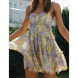 Gihuo Womens Floral Mini Dress Boho Flowy Skater Spaghetti Strap Ruffle Sleeveless Beach Dress 2024 Summer Sundresses(PurpleYellow-L)