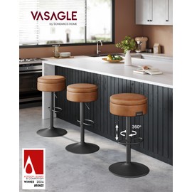 VASAGLE EKHO Collection - 360° Swivel Bar Stools Set of 2, Height Adjustable Barstools with Storage, Synthetic Leather with Stitching, Mid-Century Modern, Kitchen Bar, Easy Assembly, Caramel Brown