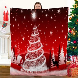 Jbralid Christmas Throw Blanket Red Twinkle Lights Christmas Tree Deer Silhouette Flannel Blanket Holiday Blanket Warm and Cozy Throws for Winter Bedding Couch Sofa Home Decor 50 x 60 Inch
