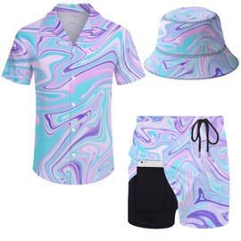 Wdpsuxin Mens 2 Piece Tracksuit Hawaiian Button Down Shirt and Compression Liner Shorts Sets with Bucket Hats, Trippy, Large