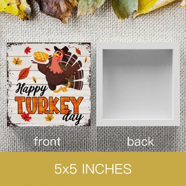 Rustic Happy Turkey Day Thanksgiving Wooden Box Sign Fall Cute Sign Farmhouse Decorative Wood Box Sign Block Plaque for Wall Desk Home Bathroom Decoration 5 x 5 Inches