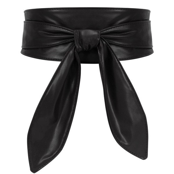 WHIPPY Women Obi Belt Fashion Wrap Around Wide Waistband Knotted Cinch Belt for Dress, Black, L