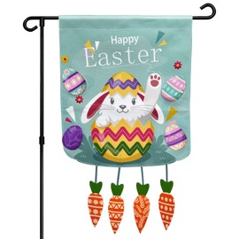 Easter Decorations Outdoor - Easter Decorations - Easter Bunny Welcome Garden Flag Banner Double Sided - Spring Seasonal Decoration - Yard Flag with 3D Print Easter Eggs and Hanging Carrots