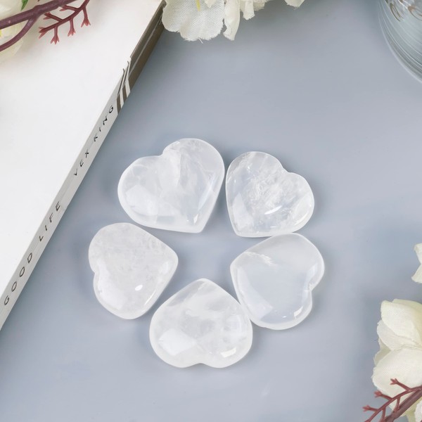 Crocon 5 Pcs Clear Quartz Gemstone Mini Heart Shape Puff Stones Set Pocket Crystal Healing Tumble Collection Palm Worry Stone Good Luck Charm Gift Craft Home Decor Size: 20-22 mm