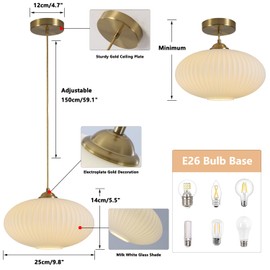 KCO Lighting Mid Century Modern Gold Globe Pendant Lighting Brushed Brass White Opal Glass Pendant Light Antique Farmhouse Single Hanging Kitchen Island Lighting Fixture