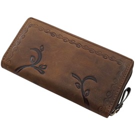 myledershop Große Büffel-Vollleder Damen Geldbörse/Geldbeutel/Portemonnaie/Geldtasche mit Colibri-Motiv oder ohne Motiv mit RFID & NFC Schutz (Mit Colibri-Motiv/Cognac)