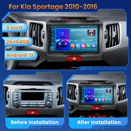 2+64GB 9 Inch Touchscreen Stereo Kit for Kia Sportage 2010-2016 Android 13 Car Radio with Wireless Carplay Android Auto FM/RDS GPS BT USB WiFi MIC SWC Canbus RCA Backup Camera MIC