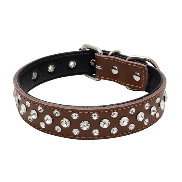Rhinestones Dog Collar, Adjustable Sparkly Crystal Studded Genuine Leather Pet