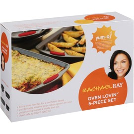 Rachael Ray Nonstick Bakeware with Grips includes Nonstick Bread Pan, Baking Pan, Cake Pans and Cookie Sheet / Baking Sheet - 5 Piece, Gray with Red Grips