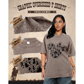 Flafens Oversized Washed Vintage Retro T Shirts for Women - Womens Graphic Tees Cotton Cute Cool Tshirts Teens Girls Boys Cartoon Design, Large