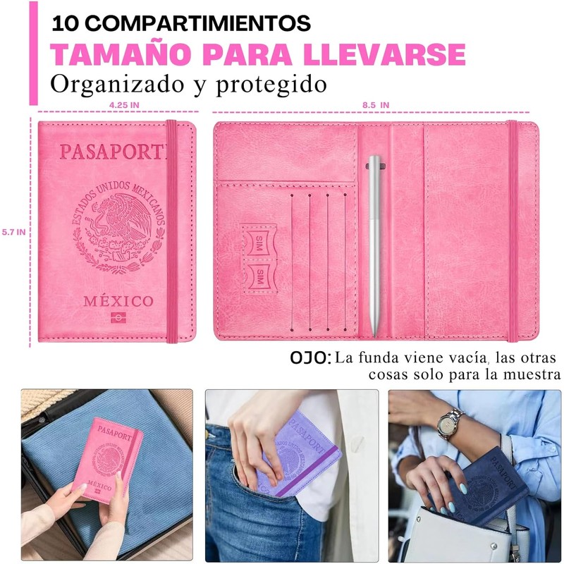 Porta Pasaporte y Visa Mexicano Pasaporte Funda con 10 Compartimientos