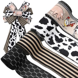 JarThenaAMCS Farmhouse Animal Wired Edge Ribbons Cow Chick Pig Stripe Chicken Wire Decorative Fabric Wrapping Ribbons for DIY Crafts Wreath Bow Making Supplies, 4 Rolls, 24 Yard