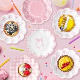 R HORSE Pink Bow Paper Plates - 60Pcs 7 inch Disposable Flower Plates Platters for Serving Food, Coquette Bow Decorative Dinner Tableware for Birthday Bachelorette Wedding Party Supplies Decorations