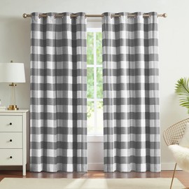 Melodieux Buffalo Check Plaid Blackout Curtains 90 Inches Long for Bedroom, Living Room Thermal Insulated Room Darkening Grommet Drapes, Grey, 50 x 90 Inch, 2 Panels
