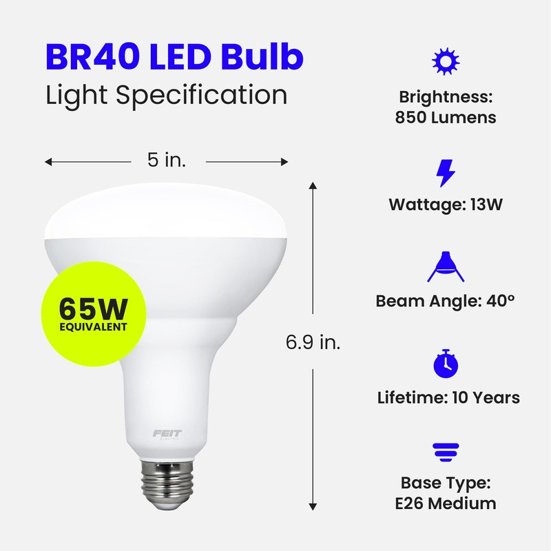 Feit Electric LED BR40 Bulbs, Dimmable, 65W Equivalent, 10 Year