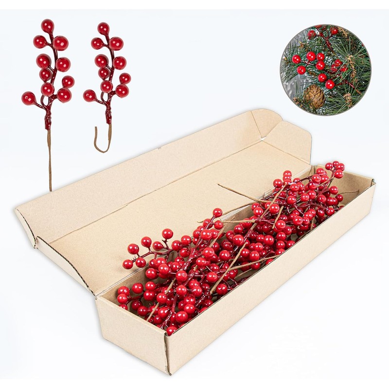 32 Pack Christmas Tree Decorations, Artificial Red Berry Stems 6.5inch