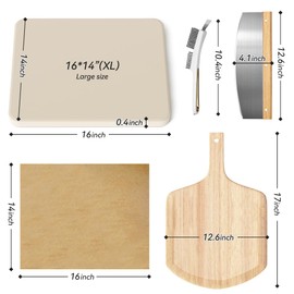 5 PCS Rectangle Pizza Stone Set, 16"Large Pizza Stone for Oven and Grill with Pizza Peel(OAK), Pizza Stone Brush,Pizza Cutter & 10pcs Cooking Paper for Free, Baking Stone for Pizza, Bread,BBQ
