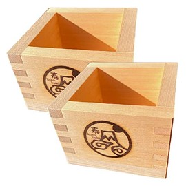 EDOYA Hinoki Wood Sake Cups (Set of 2) Japanese Box Masu with Japanese Lucky Brand (Long Life Fuji)