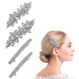 NICENEEDED 4 PCS Rhinestone Pearls Bobby Hairpins, Fancy Crystal Shiny Metal Barrettes Silver Sparkly French Hair Clips, Bling Diamond Hair Accessories for Ladies