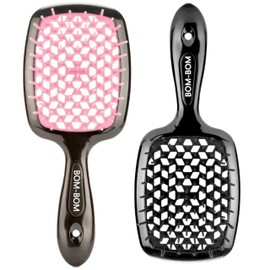 Wet And Dry Vented Detangling Hair Brush For All Hair Types, Light Weight Hairbrush, Scalp Massage Brush,BOM BOM 2 Units Kit (Light pink black)