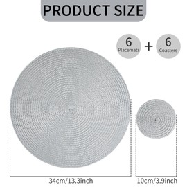 HPMAISON Grey Round Placemats and Coasters Set of 6, Polypropylene Braided Woven Table Mats Heat-Resistant Washable Kitchen Dining Place Mats Set of 6 for Home, Restaurant Hotel, Outdoor, Party