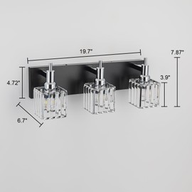 HUOKU Black Chrome Bathroom Vanity Lights, Modern 3 Lights Crystal Bathroom Lighting Fixtures Over Mirror Crystal Bathroom Wall Light with Square Shade
