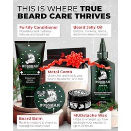 Bossman Kit completo para barba, aceite, acondicionador y bálsamo para barba, peine y cera de bigote, evita la picazón de la barba, crece más grueso (