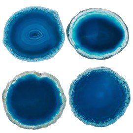 BENECREAT 4Pcs Small Blue Agate Coasters, 6-7.5cm Round Dyed Sliced Agate Cup Mat Drinks Stone Coaster for Coffee Table Coaster Decor(5.5mm Thick)
