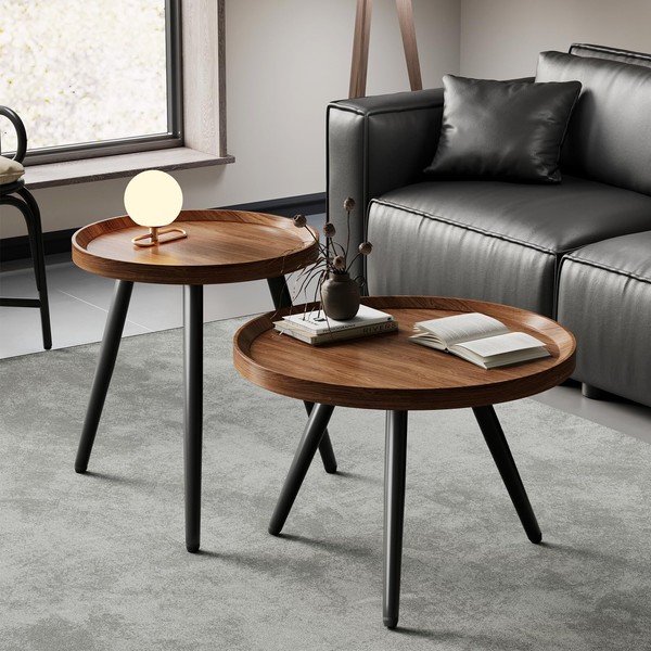Recximi 2 PCS Small Round Coffee Table, Walnut Nesting Tables
