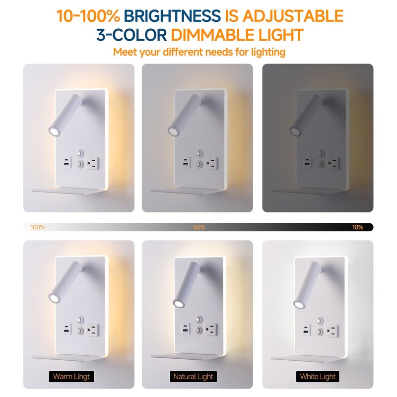 CNMYKYDS Wall Mounted Reading Light with Shelf - 3 Color