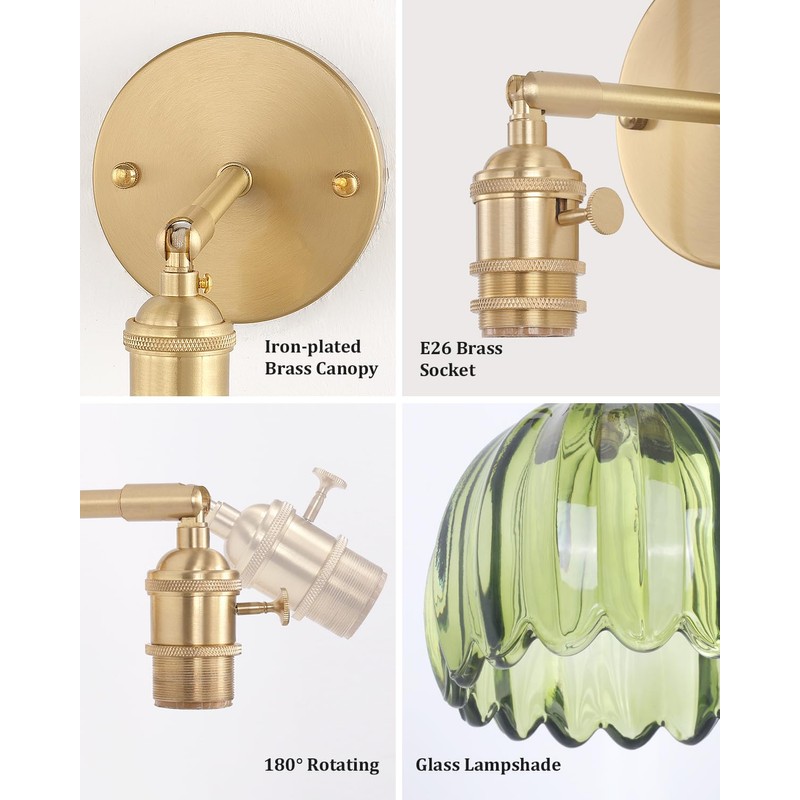 Shenmoyl Vintage Battery Operated Wall Sconce with Green Tulip Glass