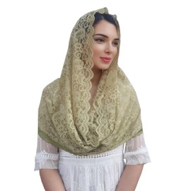 FANFAN Serene Sage Green Lace Infinity Chapel Veil | Mantilla for Catholic Weddings, Easter, Spring Sacraments & Holy Events | Church Veil for Women Y087 (Green)