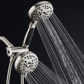 AquaSpa High Pressure 48-mode Luxury 3-way Combo – Dual Rain & Handheld Shower Head – 6 Foot Stainless Steel Hose – Anti Slip Grip – All Brushed Nickel Finish – Top US Brand – Extra Wall Bracket