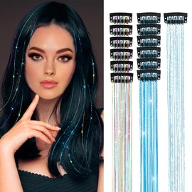Mivofun 12PCS Clip in Hair Tinsel Kit, 20Inch Hair Tensile Heat Resistant Fairy Glitter Sparkling Colorful Hair Extensions Accessories for Women Girls Festival Party Cosplay Gift (Blue+Tri color)