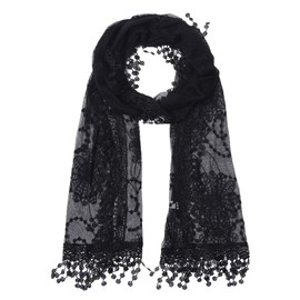 Cindy and Wendy Lightweight Soft Leaf Lace Fringes Scarf shawl for Women (TYH-BLACK)