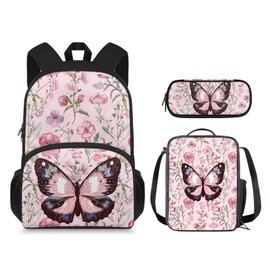 Ystardream Flower Butterfly Backpack With Lunch Box Bookbags for 6Th Grade Girls Elegant School Bag 3-in-1 Bookbag Set for Teen Girls Boys Schoolbag Elementary Preschool Bookbag