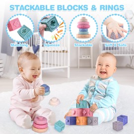 SpringFlower 0-3-6-12 Months Baby Toys, 5 in 1 Montessori Toys for Babies, Teething Toy & Stacking Building Block & Ring & Silicone Pull String, Sensory Development Baby Infant Toy, Gift for Babies