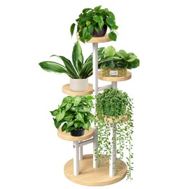 GEEBOBO 5 Tier Plant Stand Indoor, Metal Wood Plant Stands For Indoor Plants Multiple, Corner Tiered Flower Plants Shelf Stand for Living Room Bedroom, White
