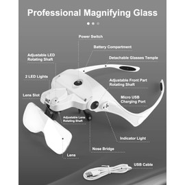 AUTOPkio Lupenbrille mit Licht Aufbewahrungstasche, USB Wiederaufladbar Kopflupe Stirnbandlupe Lupe Gläser für Brillenträger, 5 Linsen 1,0X 1,5X 2,0X 2,5X 3,5X
