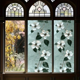 HOMETITUTE Stained Glass Window Film 17.7x39.3 inch Retro Green Floral Window Privacy Film Stained Decals Static Cling Sun Blocking Decor for Home Office Windows Door Glass Partitions