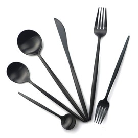 Gugrida 24 Pieces Matte Black Handle 18/10 Stainless Steel Silverware Set, Flatware Set Titanium Black Cutlery Set, Utensils Set for Home Restaurant Service Set for 4, Dishwasher Safe (Full Black)