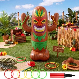 Motionchic 47" Inflatable Luau Tiki Pool Toss Games Tiki Pool Ring Toss Toys with 6 Rings for Indoor Outdoor Summer Tropical Swimming Inflatable Bean Bags Games Hawaiian Luau Party Favors Supplies
