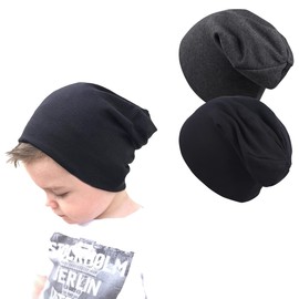 SimleShine Toddler Cotton Beanies for Boys Baby Warm Slouchy Skullcap Hats Toddler Beanie Knit Caps for 6-60 Months (Black,Deep Gray)
