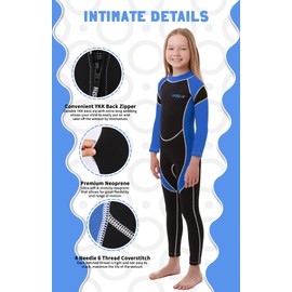 Yikayin Kids Wetsuits Full Length, 2.5MM Neoprene Diving Swimming Suit Back Zipper, Boys Girls Wetsuit for Swimming Diving Snorkeling Surfing SUP - Blue S